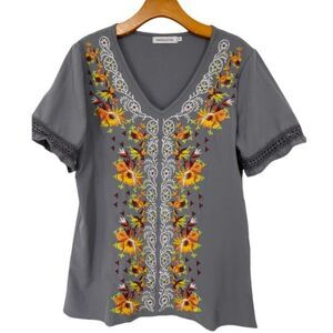 Misslook Top Gray Embroidered V‎ Neck  Small V Neck Casual Boho